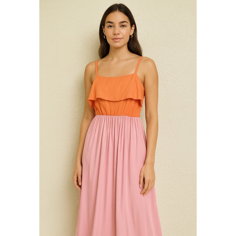 Koko + Mason Orange Pink Colorblock Maxi Dress Sleeveless Linen Blend Sundress
